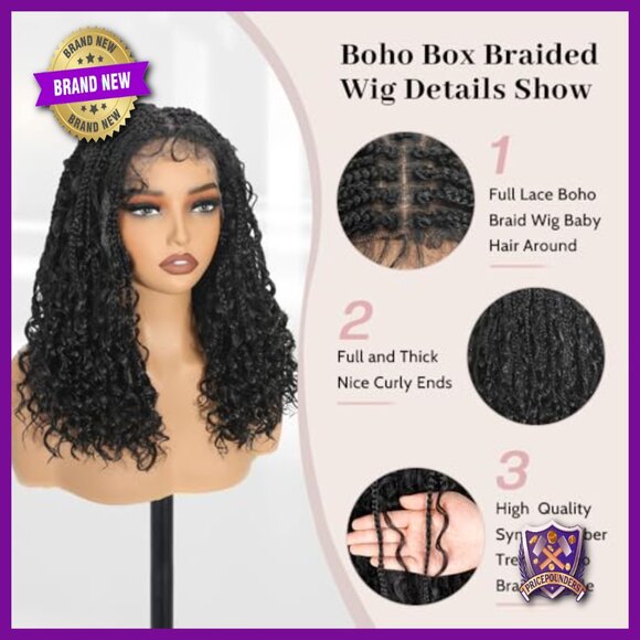 Glueless HD Lace Human Hair Blended Braid Wig Bohemian Curly Ends 16 Inch